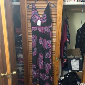Garnet Hill Black and Pink Floral Maxi Dress